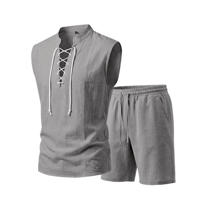 💥 50% RABATT 👕 Somrig komfort för varma dagar 🌿 Herr linne ärmlöst set med snörning – justerbar passform & sval känsla ☀️