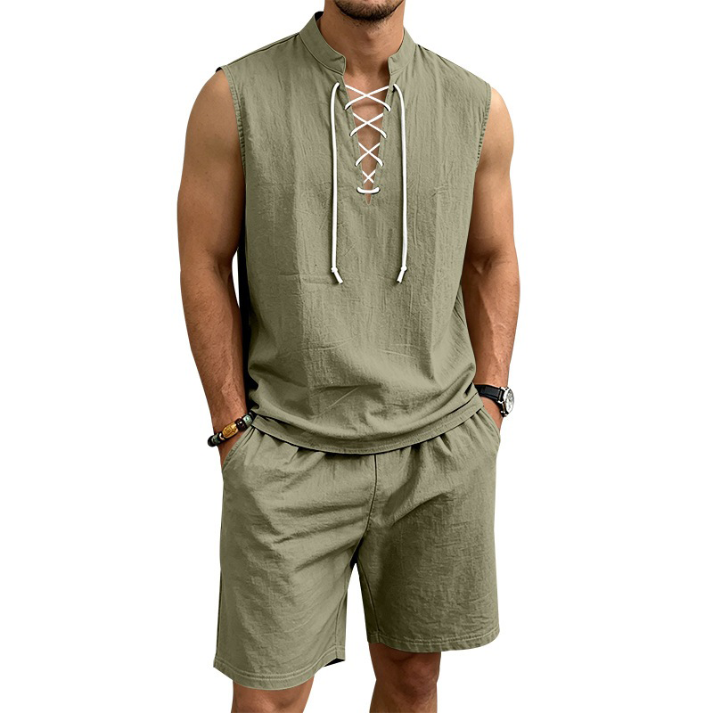 💥 50% RABATT 👕 Somrig komfort för varma dagar 🌿 Herr linne ärmlöst set med snörning – justerbar passform & sval känsla ☀️