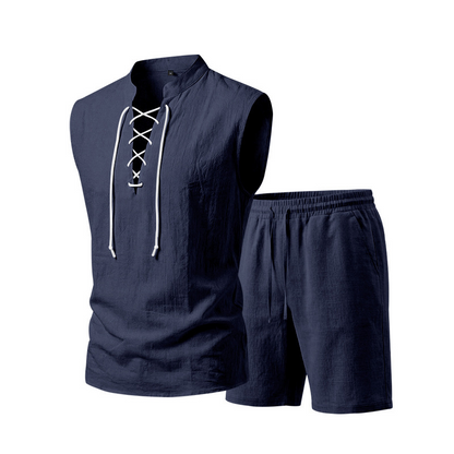 💥 50% RABATT 👕 Somrig komfort för varma dagar 🌿 Herr linne ärmlöst set med snörning – justerbar passform & sval känsla ☀️