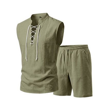 💥 50% RABATT 👕 Somrig komfort för varma dagar 🌿 Herr linne ärmlöst set med snörning – justerbar passform & sval känsla ☀️
