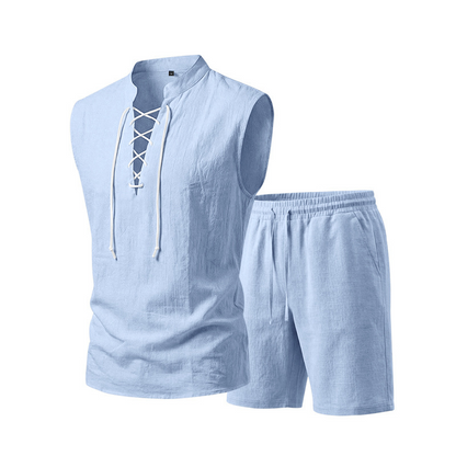 💥 50% RABATT 👕 Somrig komfort för varma dagar 🌿 Herr linne ärmlöst set med snörning – justerbar passform & sval känsla ☀️