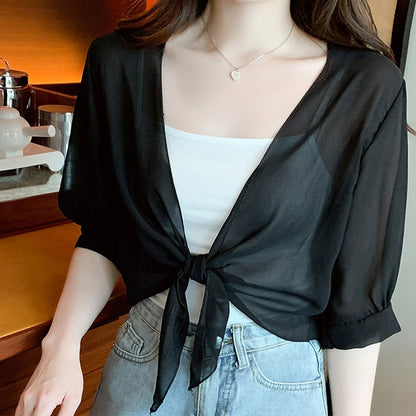📢📢50% DI SCONTO !! ⏰Top corto da donna elegante in chiffon con lacci sul davanti