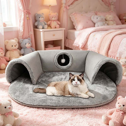 🔥 50% RABATT 🐱 2-i-1 plysch kattunnelsäng 🛏️ Mysig, hopfällbar & reptålig – perfekt för lek, vila & trygg sömn 🐾✨