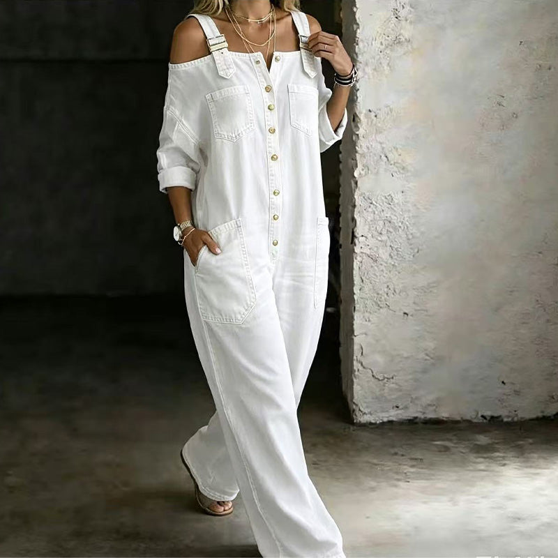 🔥 50% RABATT 👗✨ Cold-shoulder jumpsuit med vida ben & fickor – luftig komfort och stilren elegans för sommaren ☀️