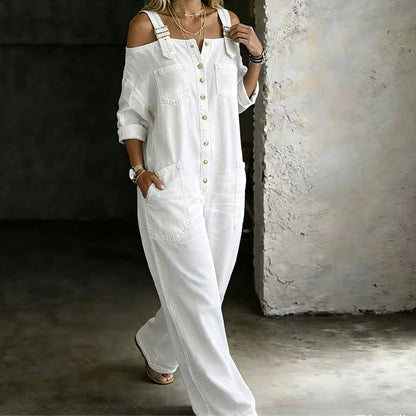 🔥 50% RABATT 👗✨ Cold-shoulder jumpsuit med vida ben & fickor – luftig komfort och stilren elegans för sommaren ☀️
