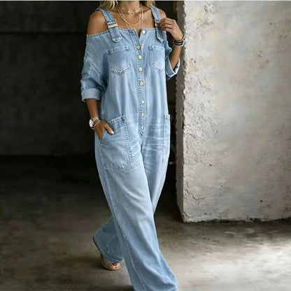 🔥 50% RABATT 👗✨ Cold-shoulder jumpsuit med vida ben & fickor – luftig komfort och stilren elegans för sommaren ☀️