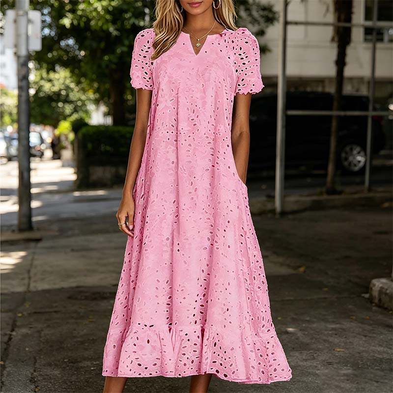 💃 50% rabatt ✨ Elegant V-ringad klänning med kort ärm – luftig komfort & tidlös stil för sommaren 🌿