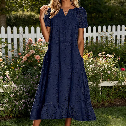 💃 50% rabatt ✨ Elegant V-ringad klänning med kort ärm – luftig komfort & tidlös stil för sommaren 🌿