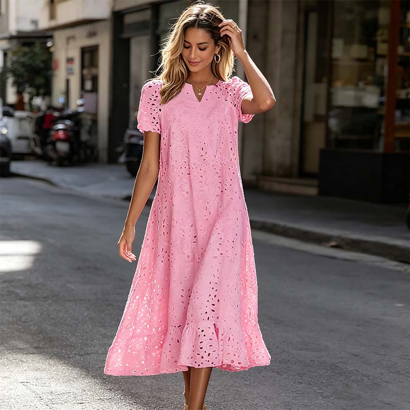 💃 50% rabatt ✨ Elegant V-ringad klänning med kort ärm – luftig komfort & tidlös stil för sommaren 🌿