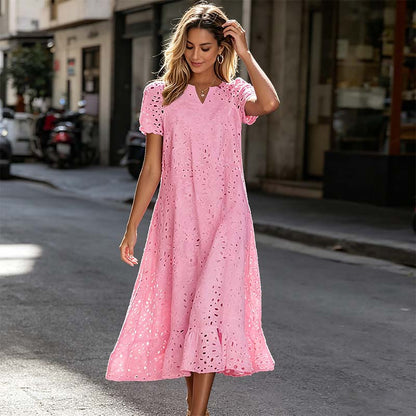 💃 50% rabatt ✨ Elegant V-ringad klänning med kort ärm – luftig komfort & tidlös stil för sommaren 🌿