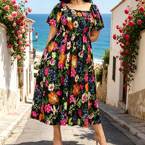🌸🔥 50% RABATT IDAG ⏰ Blommig klänning med fyrkantig halsringning 👗 Bekväm passform, fina detaljer & sommarkänsla 🌿