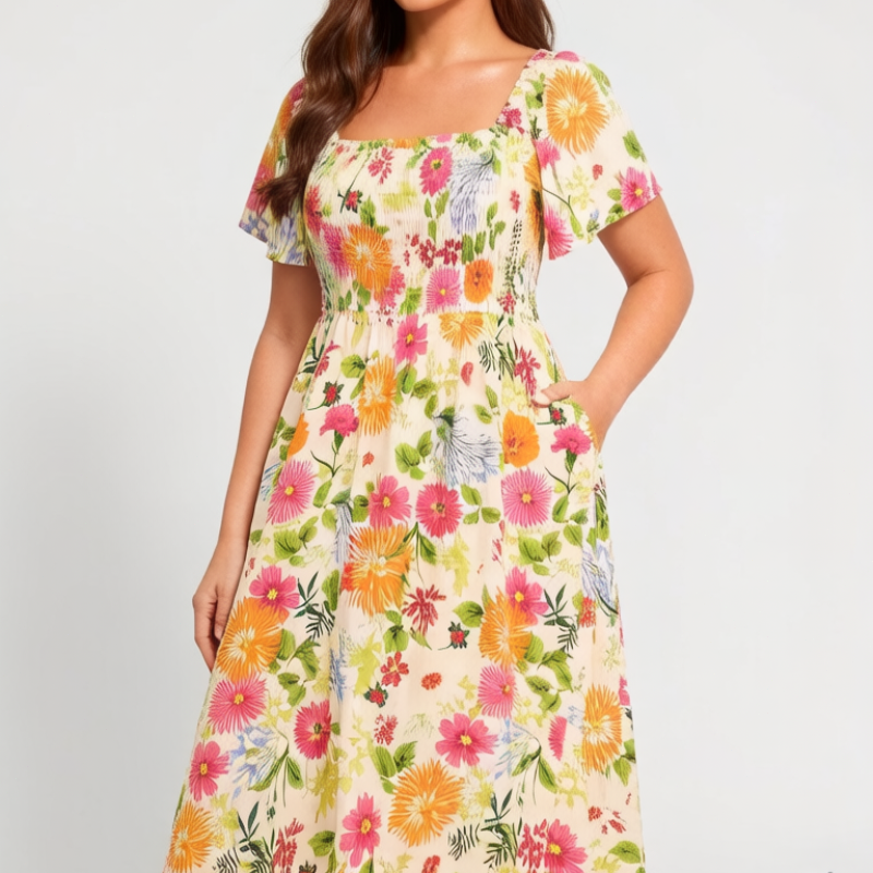 🌸🔥 50% RABATT IDAG ⏰ Blommig klänning med fyrkantig halsringning 👗 Bekväm passform, fina detaljer & sommarkänsla 🌿