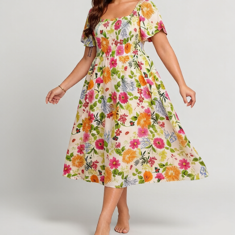 🌸🔥 50% RABATT IDAG ⏰ Blommig klänning med fyrkantig halsringning 👗 Bekväm passform, fina detaljer & sommarkänsla 🌿