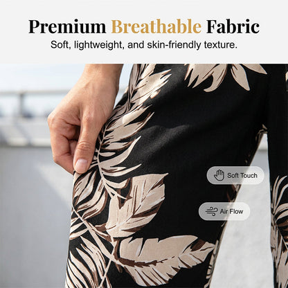 👖🍃 50% RABATT ✨ Lätta vida byxor med bladprint & dragsko – perfekt för avslappnad sommarstil 🌿☀️