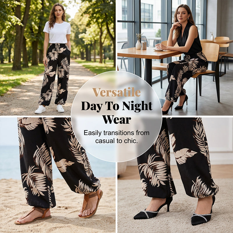 👖🍃 50% RABATT ✨ Lätta vida byxor med bladprint & dragsko – perfekt för avslappnad sommarstil 🌿☀️