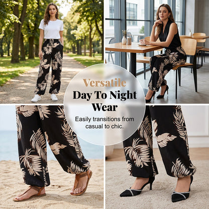 👖🍃 50% RABATT ✨ Lätta vida byxor med bladprint & dragsko – perfekt för avslappnad sommarstil 🌿☀️