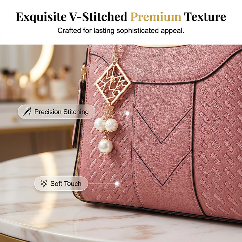 🔥 50% RABATT 👜 Elegant damväska med topphandtag ✨ V-sömnad, gulddetaljer & smart förvaring – stilren för både vardag och fest 💼