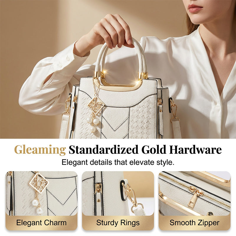🔥 50% RABATT 👜 Elegant damväska med topphandtag ✨ V-sömnad, gulddetaljer & smart förvaring – stilren för både vardag och fest 💼