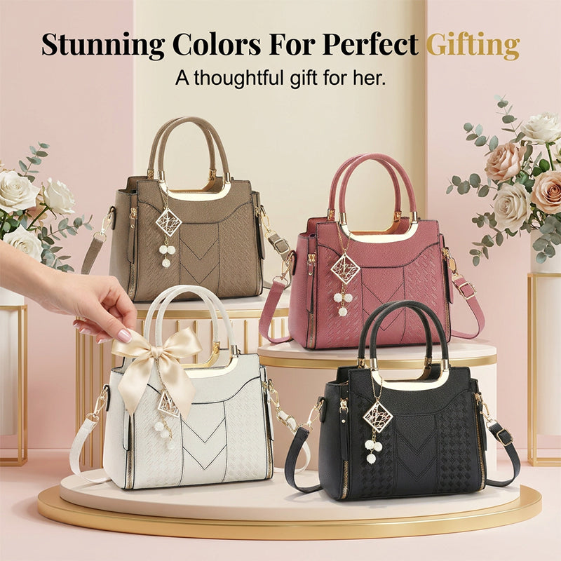 🔥 50% RABATT 👜 Elegant damväska med topphandtag ✨ V-sömnad, gulddetaljer & smart förvaring – stilren för både vardag och fest 💼