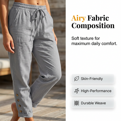 🔥 50% RABATT 👖 Dambyxor med dragsko i midjan & knappar vid anklarna ✨ Lätt, stilren & perfekt för avslappnad vardag 🌿