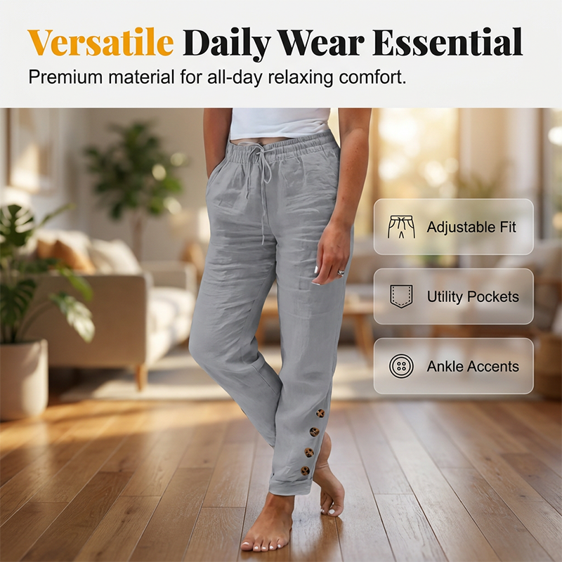 🔥 50% RABATT 👖 Dambyxor med dragsko i midjan & knappar vid anklarna ✨ Lätt, stilren & perfekt för avslappnad vardag 🌿