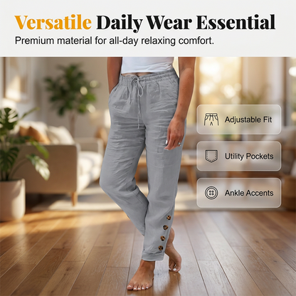 🔥 50% RABATT 👖 Dambyxor med dragsko i midjan & knappar vid anklarna ✨ Lätt, stilren & perfekt för avslappnad vardag 🌿