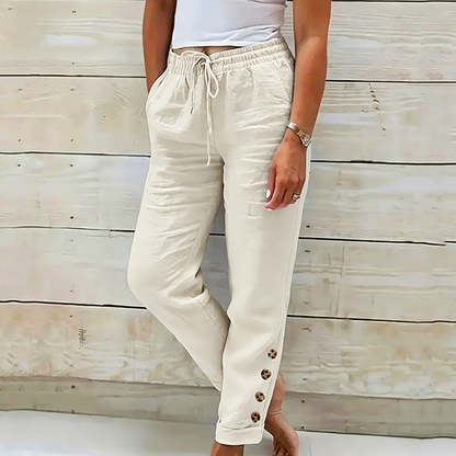 🔥 50% RABATT 👖 Dambyxor med dragsko i midjan & knappar vid anklarna ✨ Lätt, stilren & perfekt för avslappnad vardag 🌿