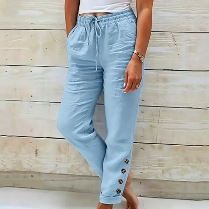 🔥 50% RABATT 👖 Dambyxor med dragsko i midjan & knappar vid anklarna ✨ Lätt, stilren & perfekt för avslappnad vardag 🌿