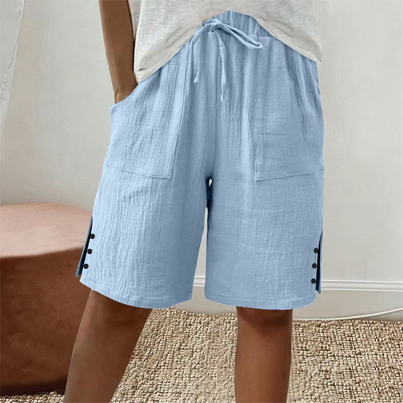 🔥 50% RABATT ☀️ Sommartrend shorts i bomull & linne 🌿 med dragsko & sidoknappar – luftiga, bekväma & stilrena ✨
