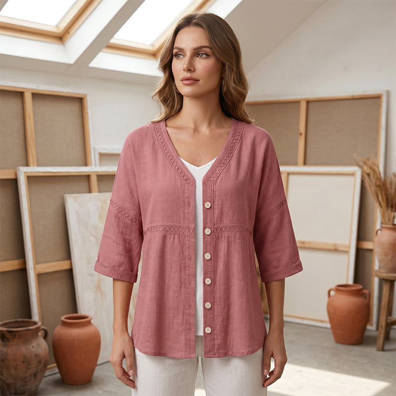 💥50% RABATT！👕🌸 V-ringad spetsblus med knappar – på sommarens favorittopp✨