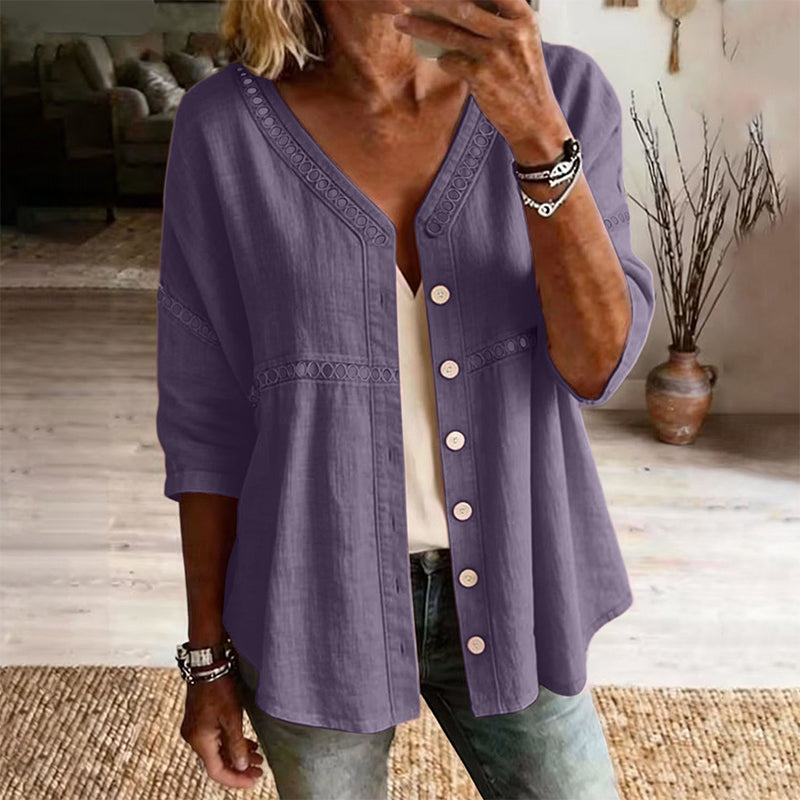 💥50% RABATT！👕🌸 V-ringad spetsblus med knappar – på sommarens favorittopp✨