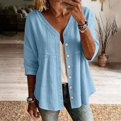 💥50% RABATT！👕🌸 V-ringad spetsblus med knappar – på sommarens favorittopp✨