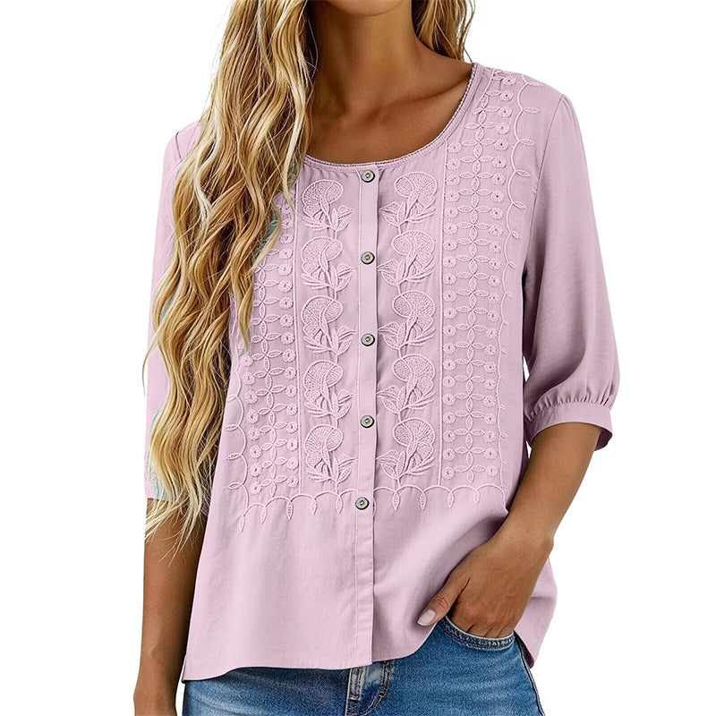 🔥 50% RABATT 👕🌸 Broderad bomulls- & linneblus ✨ Lätt, luftig och elegant – perfekt för sommarens alla tillfällen 🌿