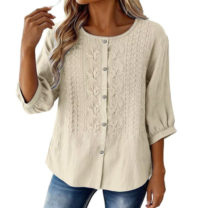 🔥 50% RABATT 👕🌸 Broderad bomulls- & linneblus ✨ Lätt, luftig och elegant – perfekt för sommarens alla tillfällen 🌿