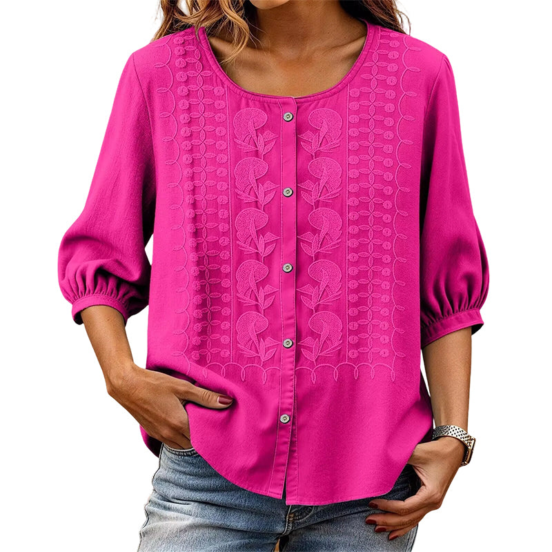 🔥 50% RABATT 👕🌸 Broderad bomulls- & linneblus ✨ Lätt, luftig och elegant – perfekt för sommarens alla tillfällen 🌿