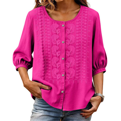 🔥 50% RABATT 👕🌸 Broderad bomulls- & linneblus ✨ Lätt, luftig och elegant – perfekt för sommarens alla tillfällen 🌿