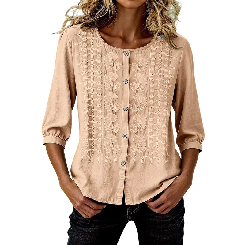 🔥 50% RABATT 👕🌸 Broderad bomulls- & linneblus ✨ Lätt, luftig och elegant – perfekt för sommarens alla tillfällen 🌿