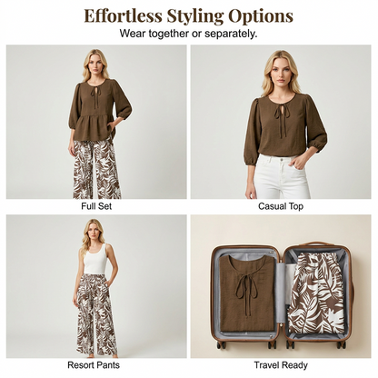 💥 50% RABATT ☀️ Tropiskt set för dam 🌿 Peplum-topp + vida byxor 👗 Bekvämt, feminint & perfekt för varma dagar 🌴