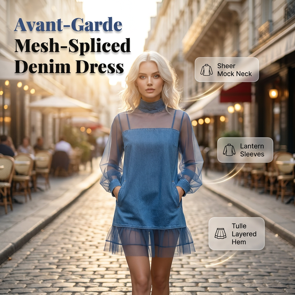 🔥 HALVA PRISET 👗✨ Statement-klänningen alla pratar om 💎 Denim möter mesh och tyll i en modern design med karaktär