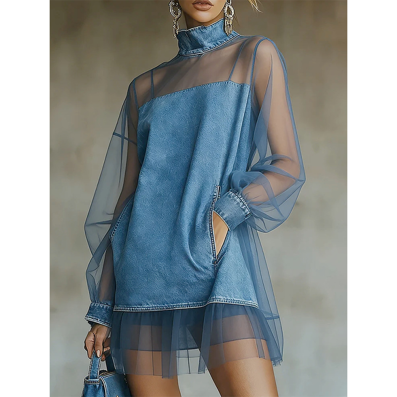 🔥 HALVA PRISET 👗✨ Statement-klänningen alla pratar om 💎 Denim möter mesh och tyll i en modern design med karaktär