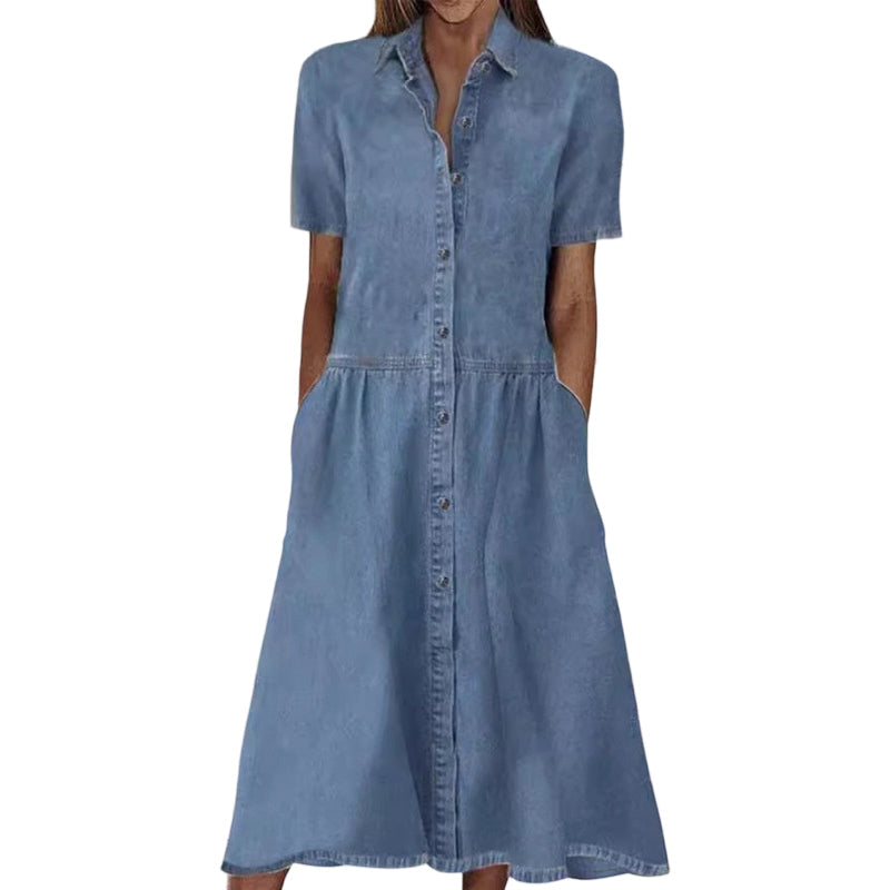 🔥 50% RABATT 👗 Elegant avslappnad denimskjortklänning med fickor ✨ Bekväm, stilren & perfekt för vardag och helg 🌿