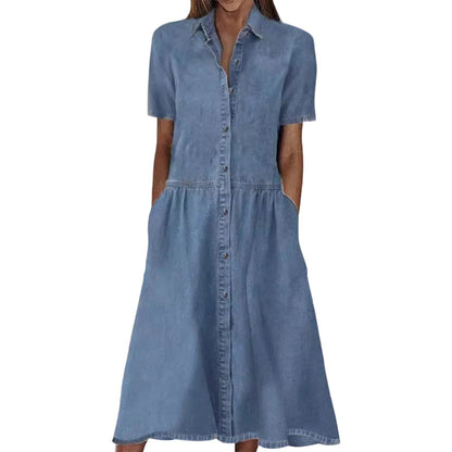 🔥 50% RABATT 👗 Elegant avslappnad denimskjortklänning med fickor ✨ Bekväm, stilren & perfekt för vardag och helg 🌿