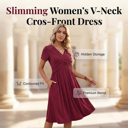 🔥 50% RABATT 👗✨ Plisserad V-ringad klänning med omlottdesign & fickor 🌸 Elegant, bekväm och perfekt för sommarens alla tillfällen