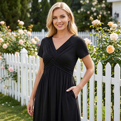 🔥 50% RABATT 👗✨ Plisserad V-ringad klänning med omlottdesign & fickor 🌸 Elegant, bekväm och perfekt för sommarens alla tillfällen