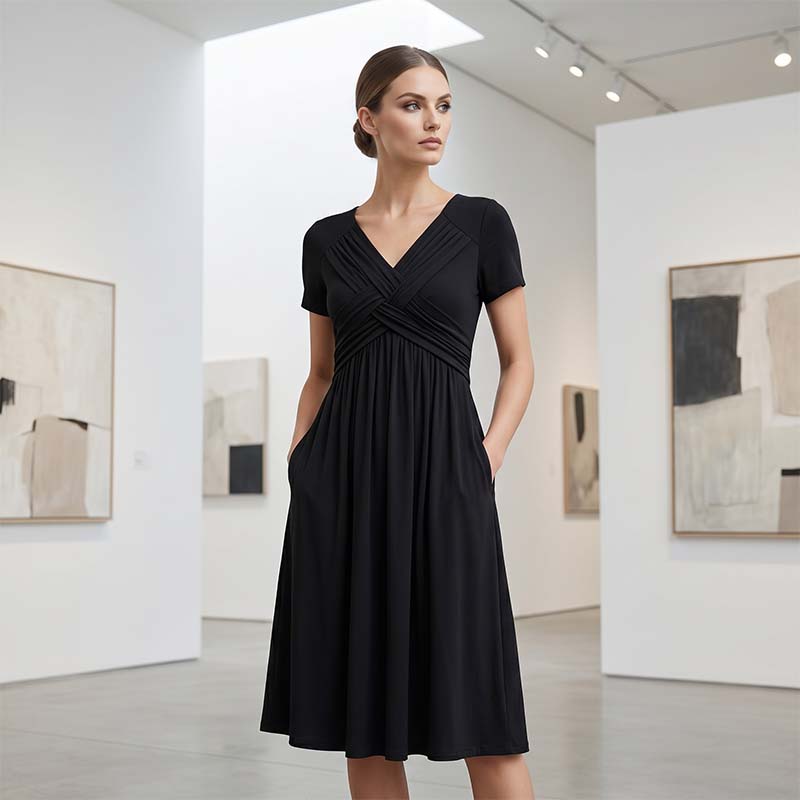 🔥 50% RABATT 👗✨ Plisserad V-ringad klänning med omlottdesign & fickor 🌸 Elegant, bekväm och perfekt för sommarens alla tillfällen