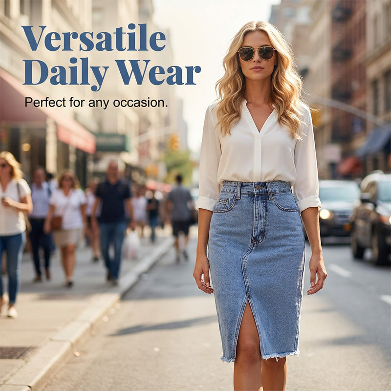🔥 50% RABATT 👗 Jeanskjol med hög midja & elegant slits framtill ✨ Smickrande passform, tidlös design & perfekt för sommaren ☀️