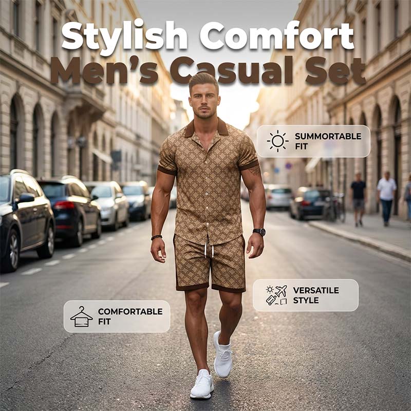 🔥 50% RABATT 👕☀️ Herr 2-delat Sommarset ✨ Trendigt tryck, bekväm passform & perfekt för sommarens alla tillfällen 🌴