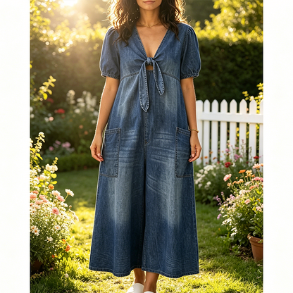 🔥 50% RABATT 👖🌸 Denimoverall med knut och fickor ✨ Avslappnad elegans, bekväm passform & perfekt för sommarens alla tillfällen