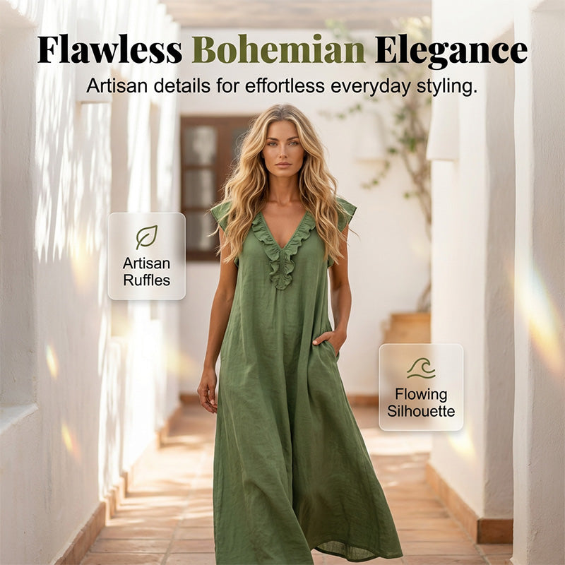 🔥 50% RABATT 👗 Vårig ärmlös klänning med V-ringning och volanger 🌸 Lätt, luftigt & bekvämt – perfekt för sommardagar, strand och brunch 💃✨