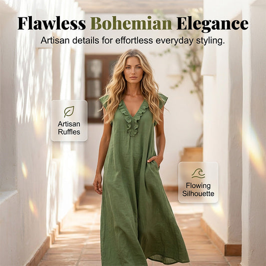 🔥 50% RABATT 👗 Vårig ärmlös klänning med V-ringning och volanger 🌸 Lätt, luftigt & bekvämt – perfekt för sommardagar, strand och brunch 💃✨